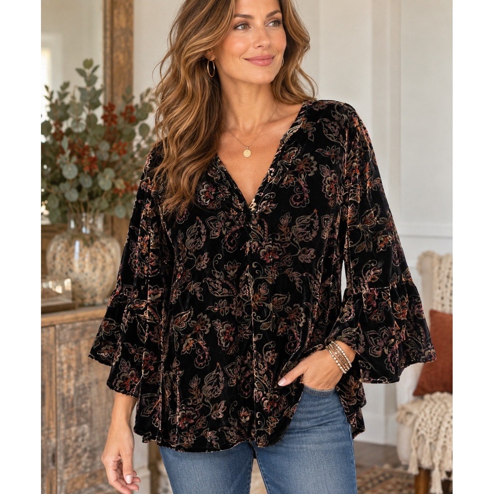 J Jill XL Black Fanciful Burnout Velvet Tunic Top Bell Sleeve Boho Floral